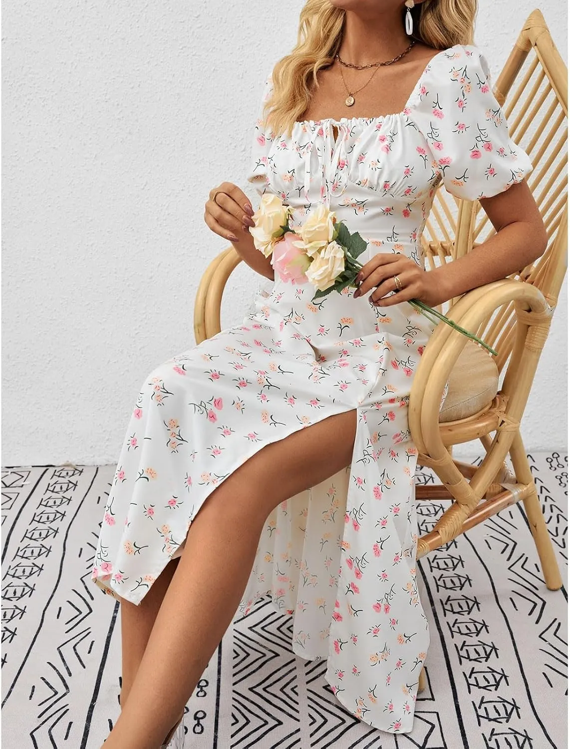 Womens Summer Square Neck Tie Front Sexy Midi Dress Floral Boho Ruffle Sleeve High Slit Flowy Vacation Tshirt Dress