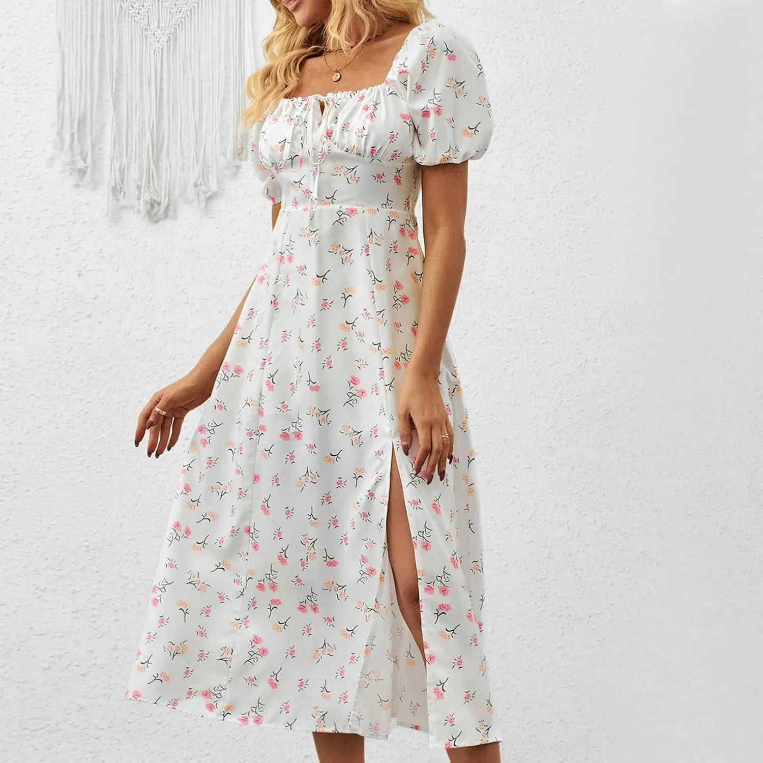 Womens Summer Square Neck Tie Front Sexy Midi Dress Floral Boho Ruffle Sleeve High Slit Flowy Vacation Tshirt Dress