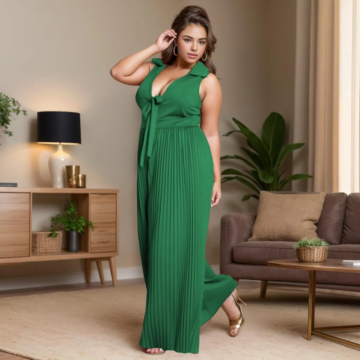 WUSENST Women's Summer Casual Loose Tank Jumpsuit Sexy V Neck Front Tie Pleated Wide Legs Jumpsuit