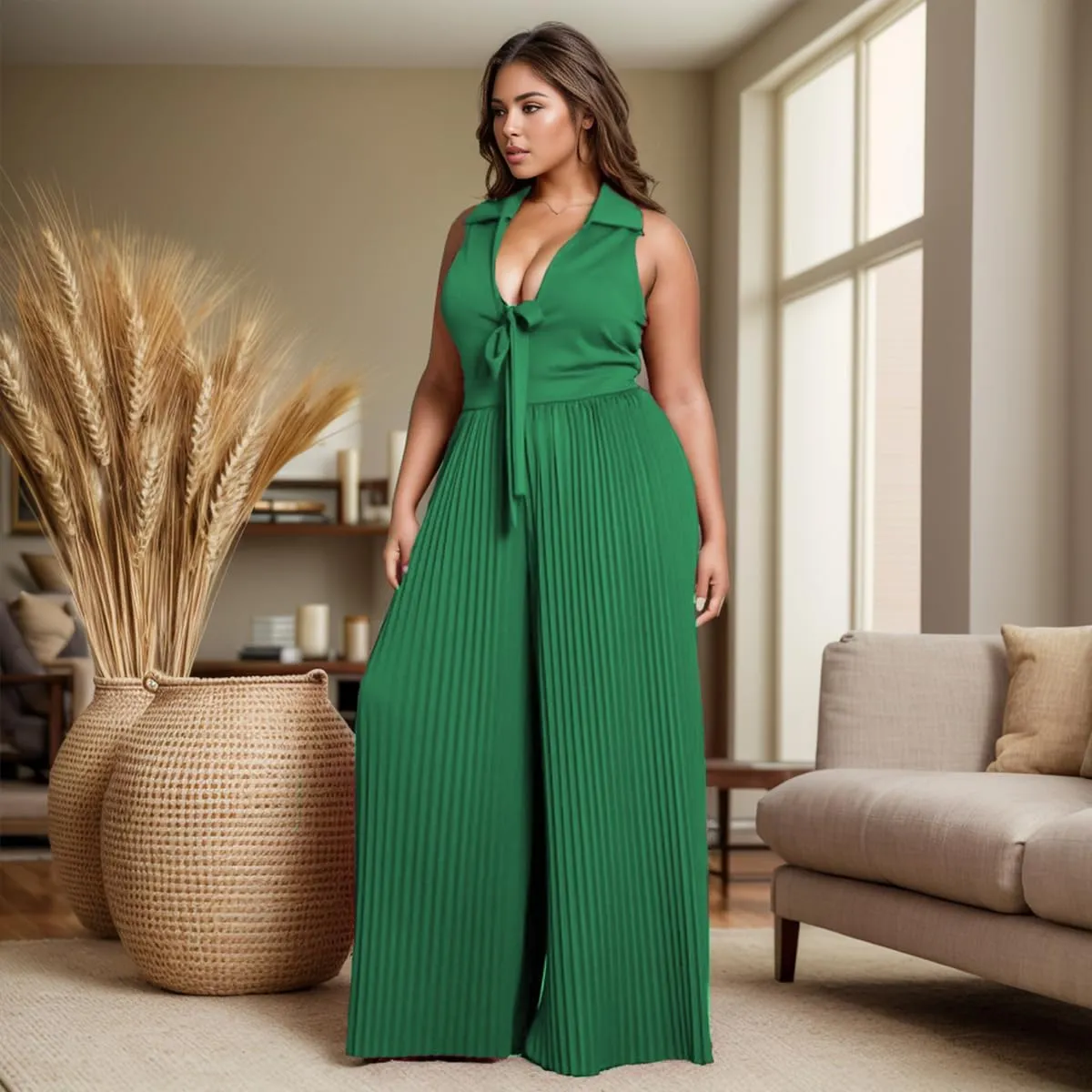 WUSENST Women's Summer Casual Loose Tank Jumpsuit Sexy V Neck Front Tie Pleated Wide Legs Jumpsuit