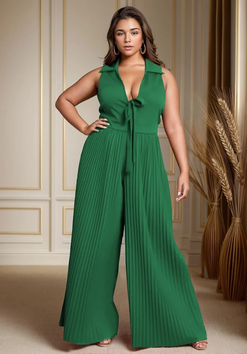 WUSENST Women's Summer Casual Loose Tank Jumpsuit Sexy V Neck Front Tie Pleated Wide Legs Jumpsuit