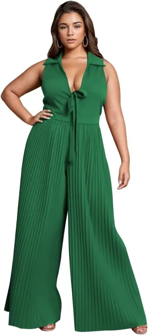 WUSENST Women's Summer Casual Loose Tank Jumpsuit Sexy V Neck Front Tie Pleated Wide Legs Jumpsuit