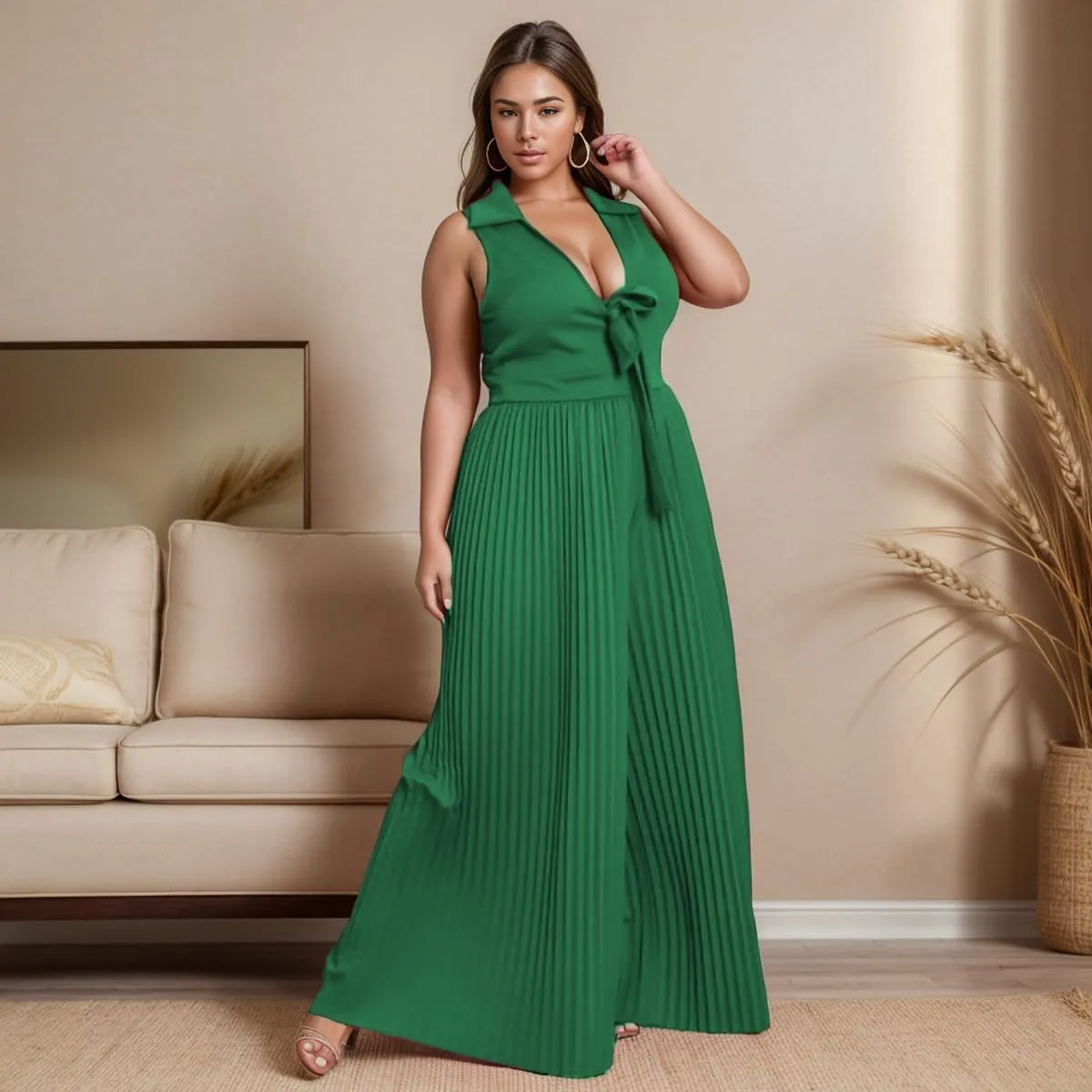 WUSENST Women's Summer Casual Loose Tank Jumpsuit Sexy V Neck Front Tie Pleated Wide Legs Jumpsuit