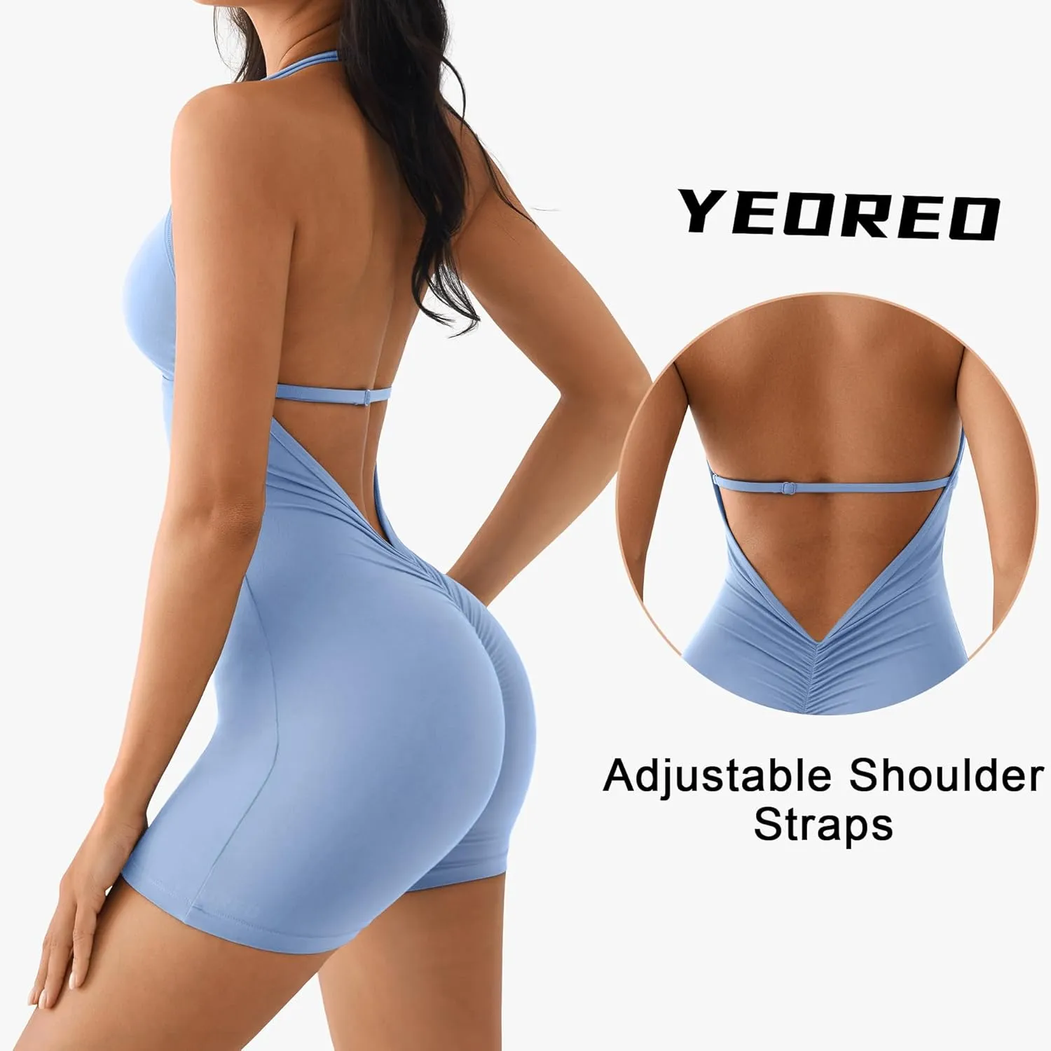 YEOREO Workout Jumpsuits Women Tummy Control Taylor V Neck Romper One Piece Sexy Backless Scrunch Butt Bodysuit