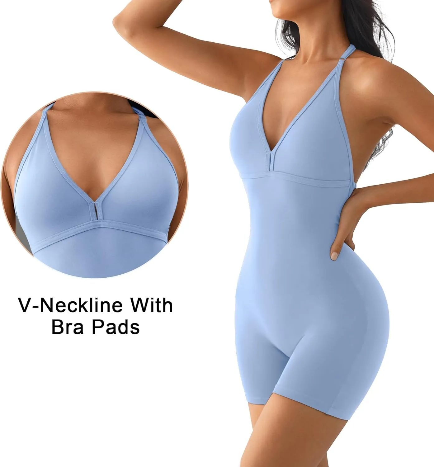 YEOREO Workout Jumpsuits Women Tummy Control Taylor V Neck Romper One Piece Sexy Backless Scrunch Butt Bodysuit