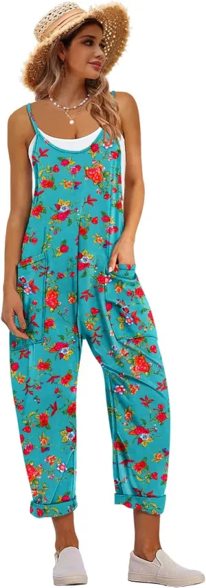 YESNO Women's Casual Floral Jumpsuits Spaghetti Straps Sleeveless Boho Summer Loose Harem Overalls Rompers with Pockets PZU