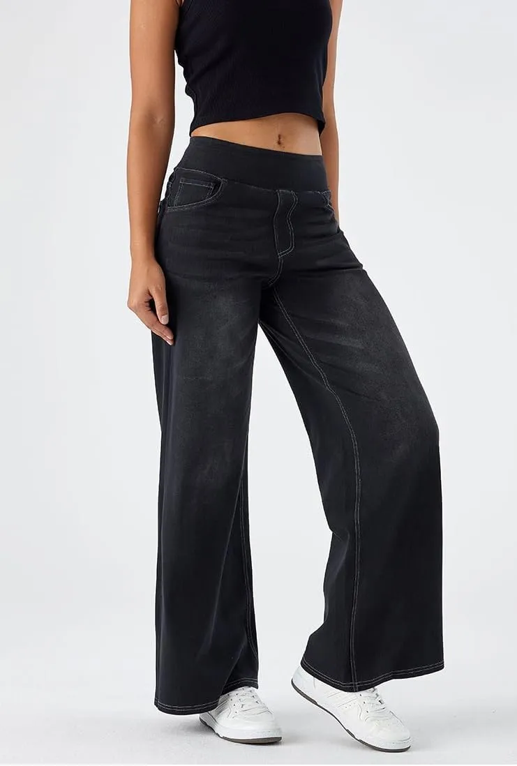 Yollmart Women Wide Leg Jeans Elastic High Waisted Pull On Baggy Denim Pants with Pocket