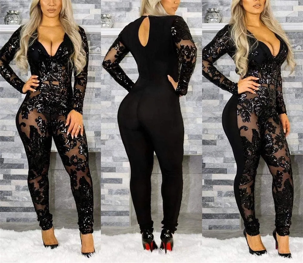 YOOTIKO Women's Sexy Sequin Bodycon Jumpsuit Lace V Neck Long Sleeve Romper Birthday Outfit Clubwear