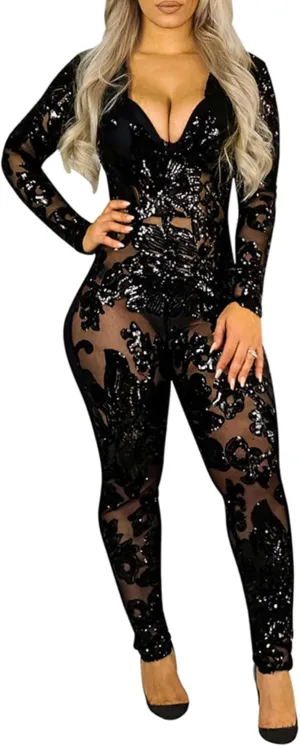 YOOTIKO Women's Sexy Sequin Bodycon Jumpsuit Lace V Neck Long Sleeve Romper Birthday Outfit Clubwear