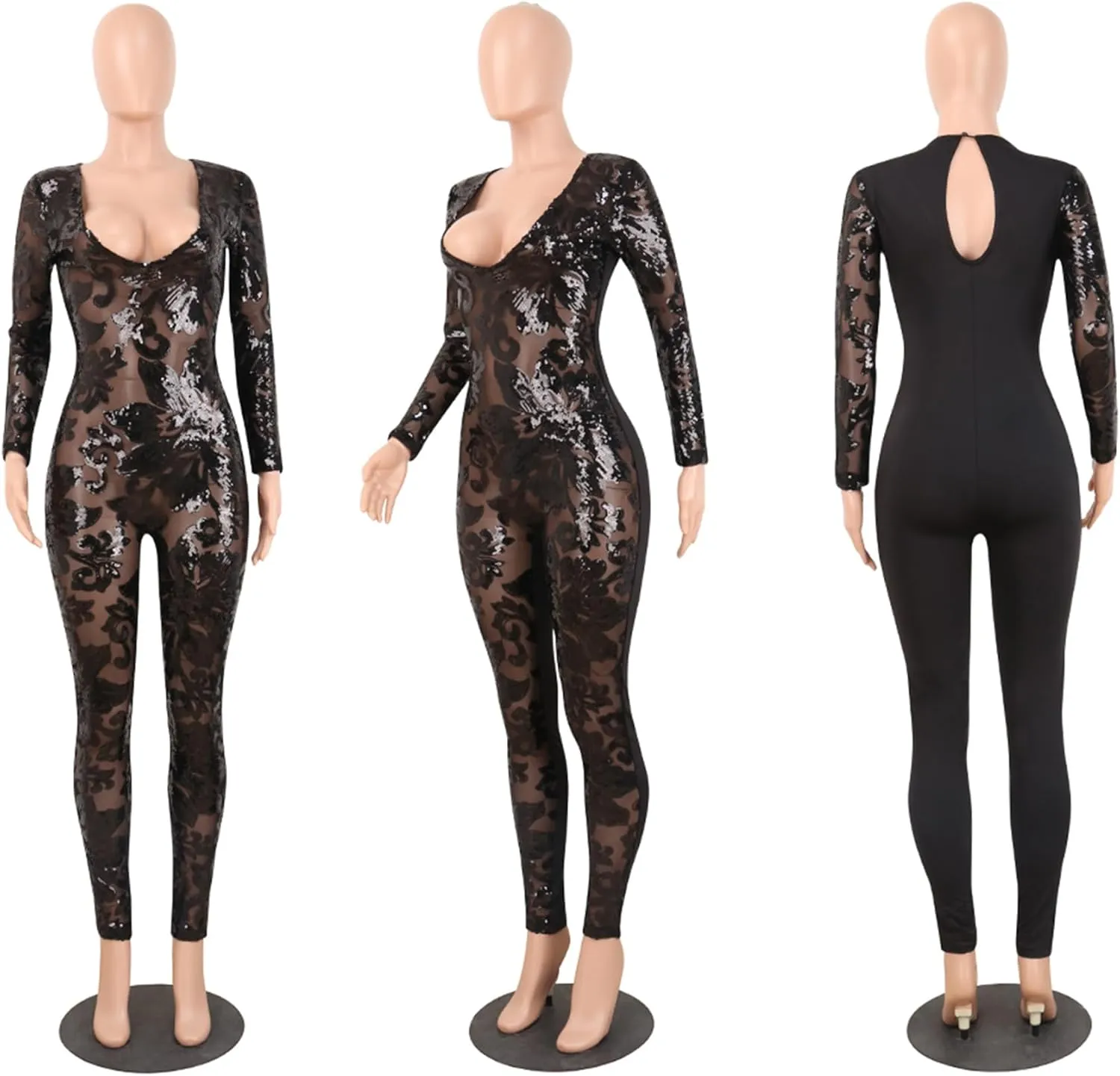 YOOTIKO Women's Sexy Sequin Bodycon Jumpsuit Lace V Neck Long Sleeve Romper Birthday Outfit Clubwear