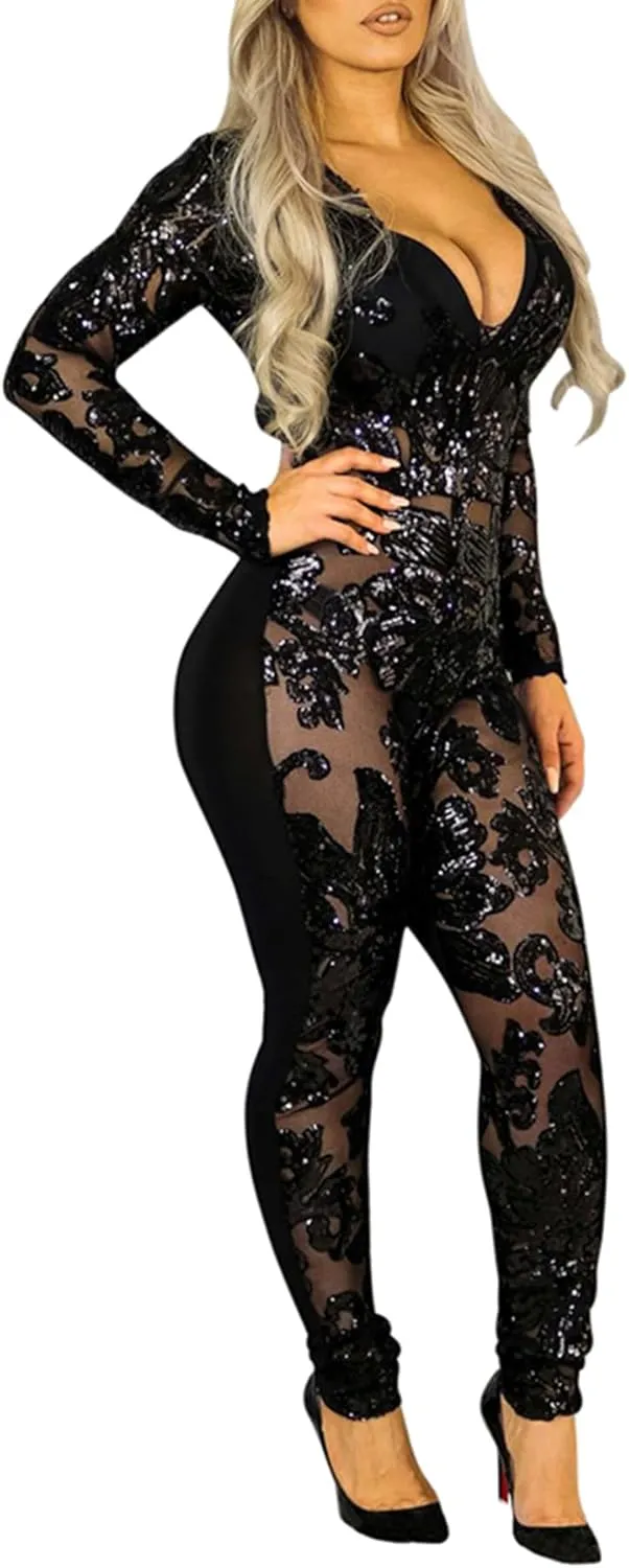 YOOTIKO Women's Sexy Sequin Bodycon Jumpsuit Lace V Neck Long Sleeve Romper Birthday Outfit Clubwear