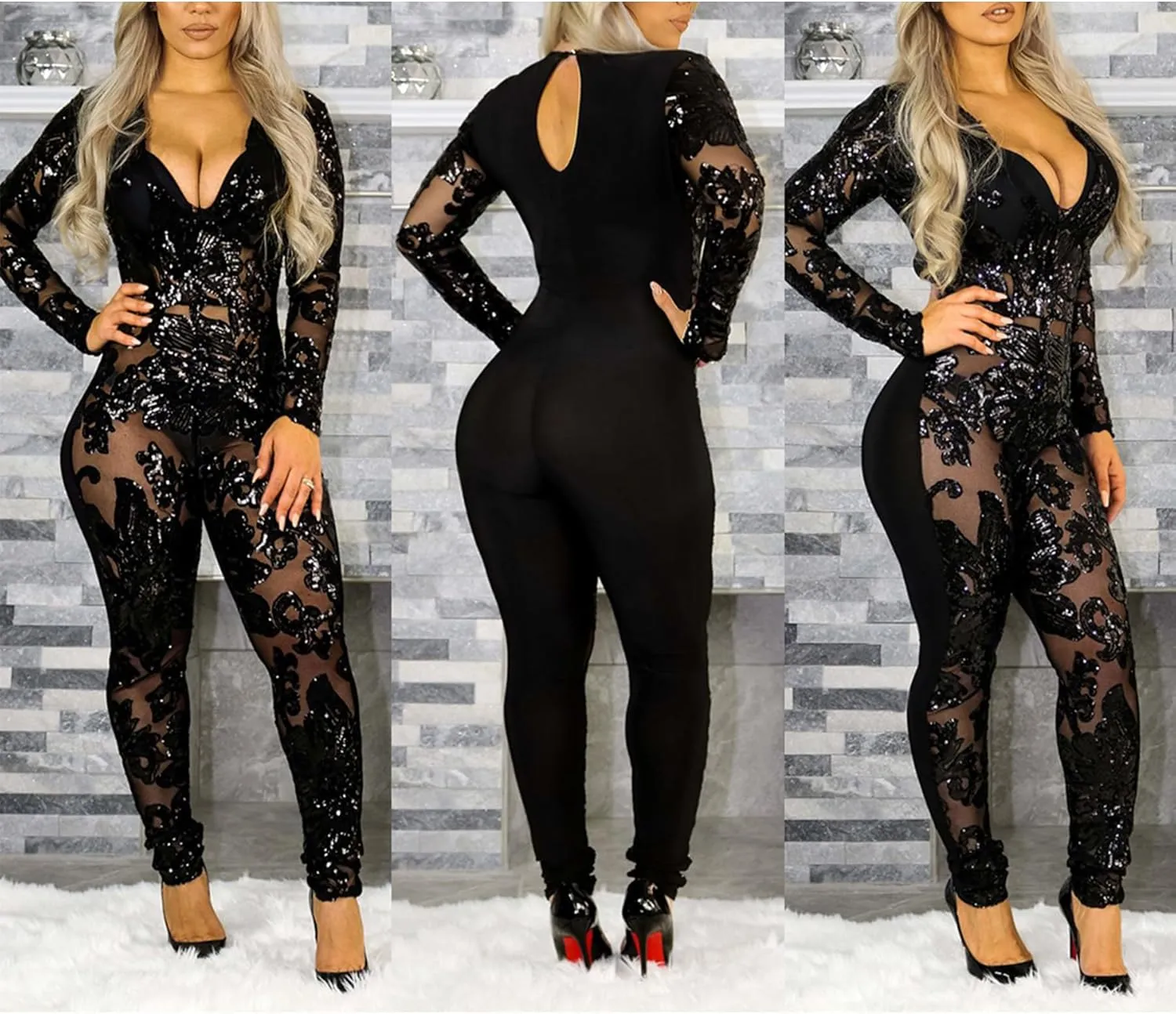 YOOTIKO Women's Sexy Sequin Bodycon Jumpsuit Lace V Neck Long Sleeve Romper Birthday Outfit Clubwear