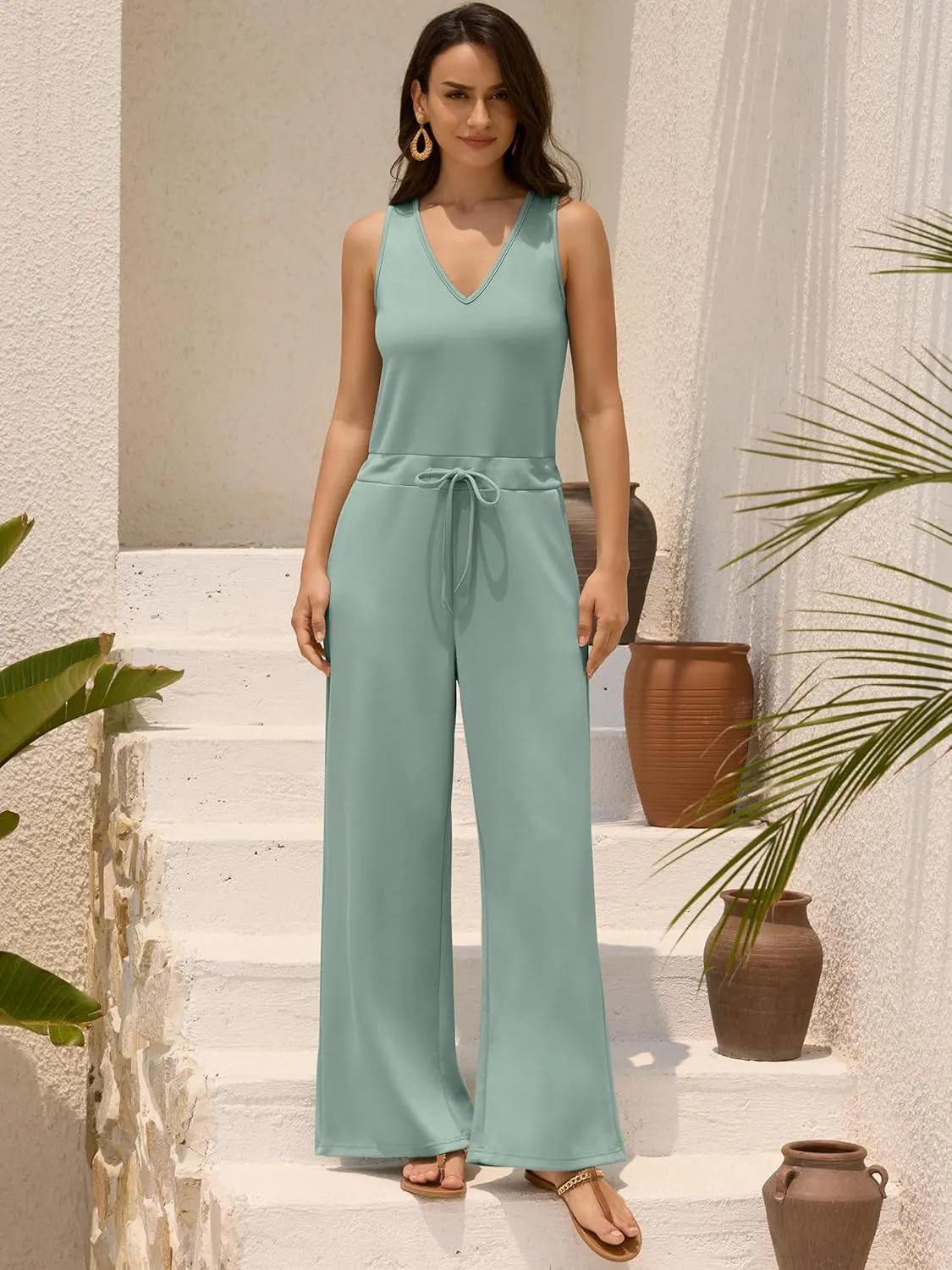 ZAFUL Womens Jumpsuits Summer 2025 Casual One Piece Outfits V Neck Sleeveless Wide Leg Long Pants Rompers with Pockets