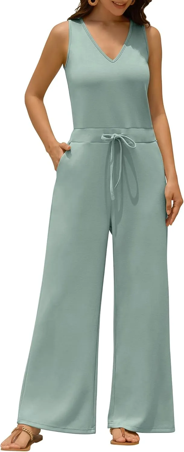 ZAFUL Womens Jumpsuits Summer 2025 Casual One Piece Outfits V Neck Sleeveless Wide Leg Long Pants Rompers with Pockets