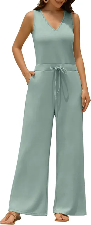 ZAFUL Womens Jumpsuits Summer 2025 Casual One Piece Outfits V Neck Sleeveless Wide Leg Long Pants Rompers with Pockets