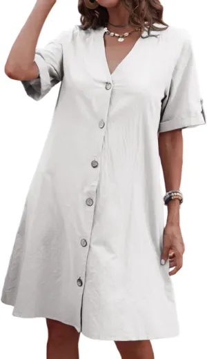 ZOCAVIA Women's Short Sleeve Cotton Linen Midi Dress 2025 Summer V Neck Button Down Shirt Dress Casual Sundress with Pockets