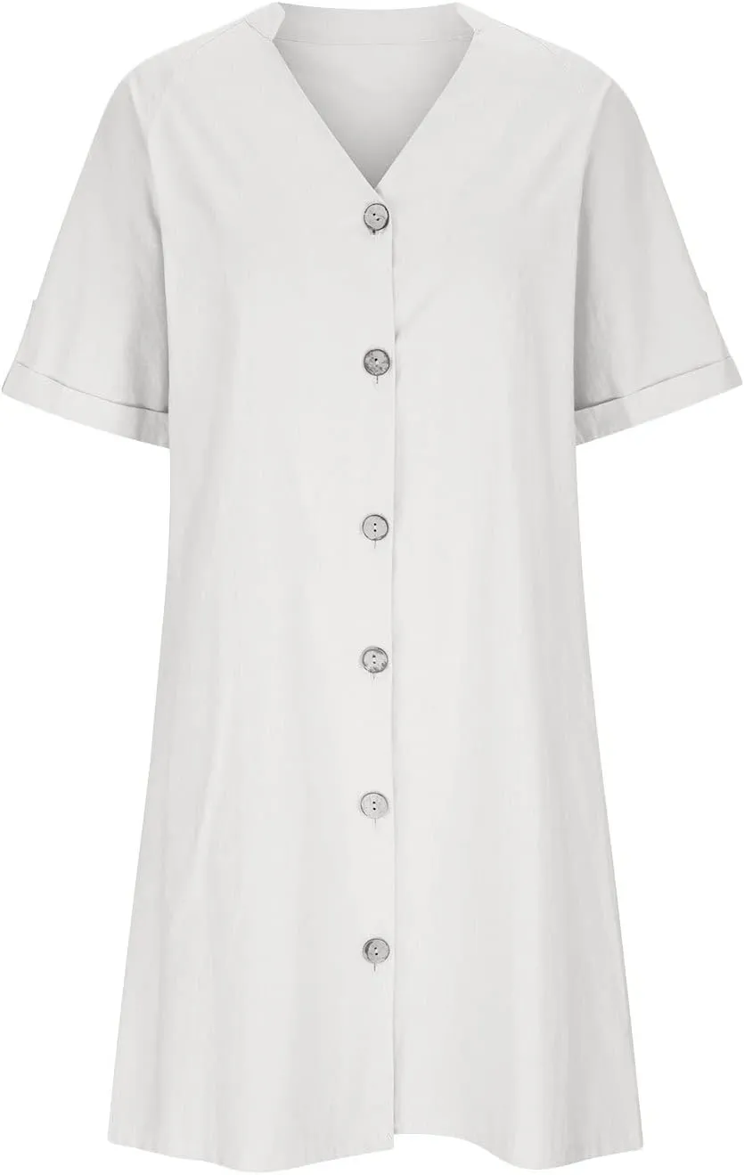ZOCAVIA Women's Short Sleeve Cotton Linen Midi Dress 2025 Summer V Neck Button Down Shirt Dress Casual Sundress with Pockets