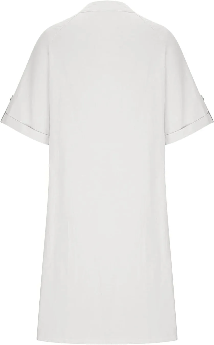 ZOCAVIA Women's Short Sleeve Cotton Linen Midi Dress 2025 Summer V Neck Button Down Shirt Dress Casual Sundress with Pockets