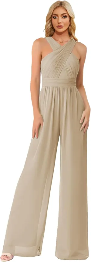 Zoghoo Chiffon Formal Jumpsuits for Women Wedding Halter Long Wide Leg Pants Rompers One Piece Outfits