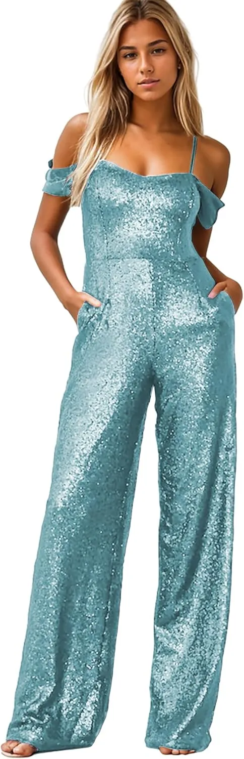 Zoghoo Sparkly Sequin Formal Jumpsuits for Women Off The Shoulder Prom Dresses Long One Piece Romper