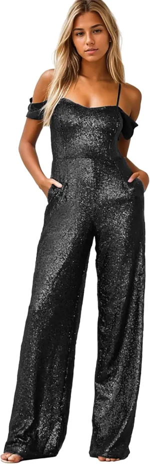 Zoghoo Sparkly Sequin Formal Jumpsuits for Women Off The Shoulder Prom Dresses Long One Piece Romper