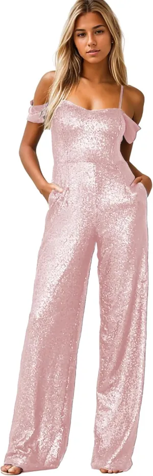 Zoghoo Sparkly Sequin Formal Jumpsuits for Women Off The Shoulder Prom Dresses Long One Piece Romper