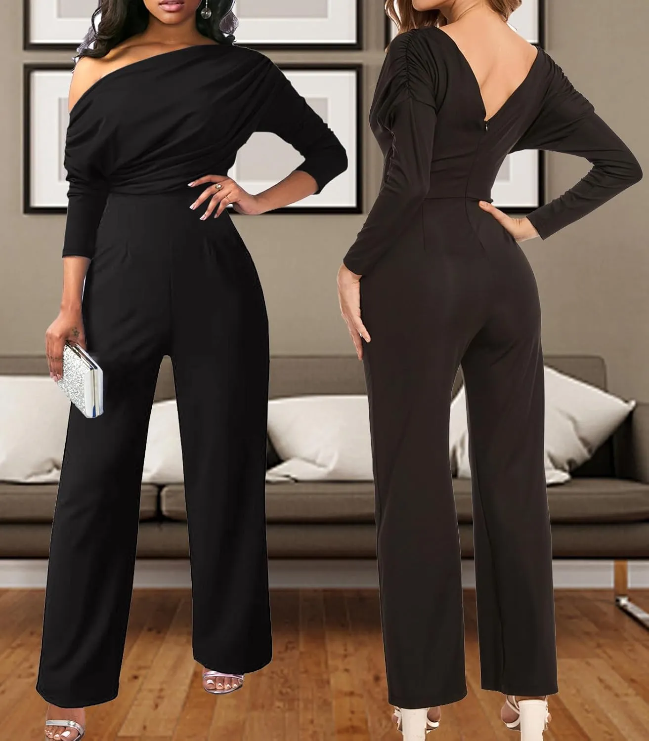 ZonJie Casual jumpsuits for women dressy Elegant Sexy Deep V Neck Long Sleeve Off Shoulder Club Party Wide Leg Long Pants