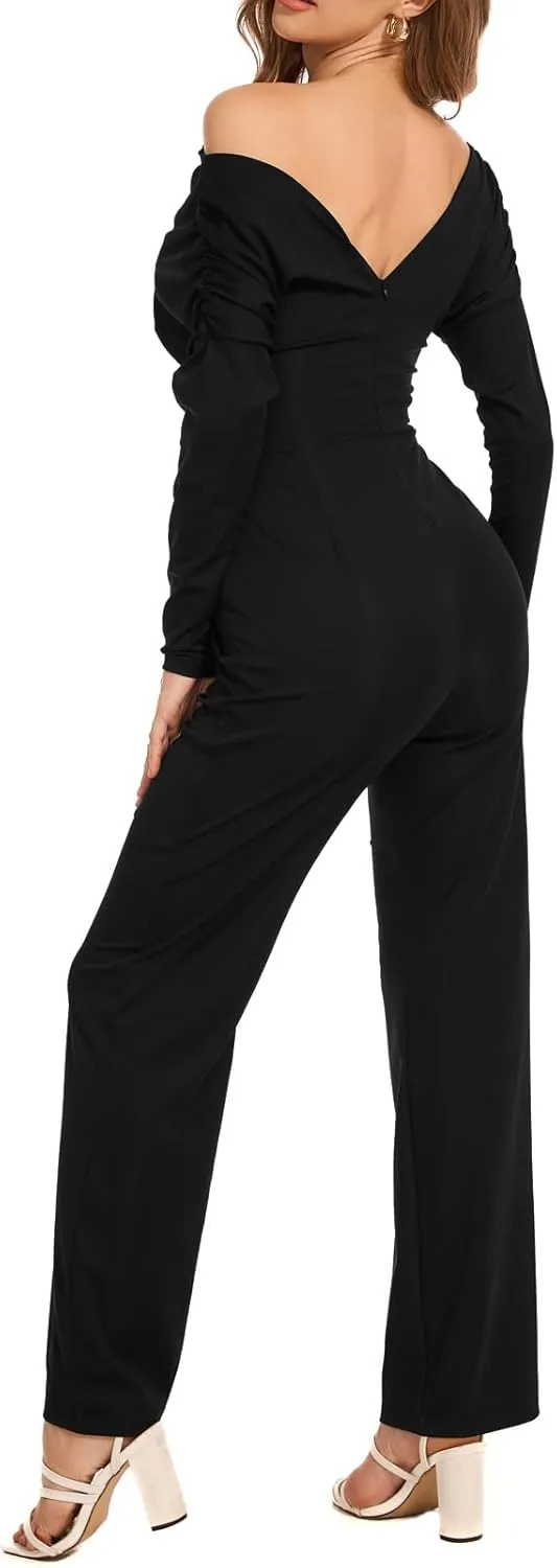 ZonJie Casual jumpsuits for women dressy Elegant Sexy Deep V Neck Long Sleeve Off Shoulder Club Party Wide Leg Long Pants