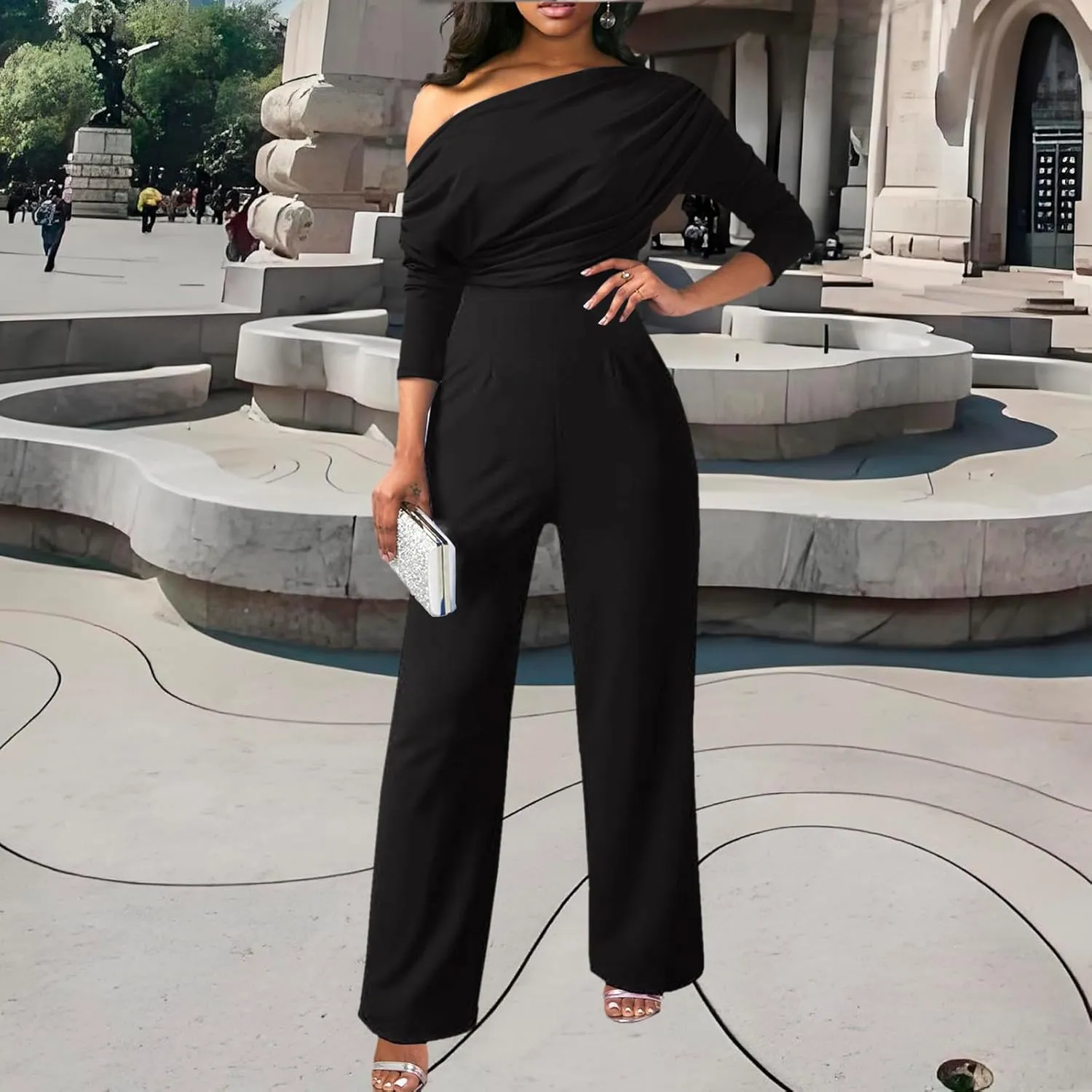 ZonJie Casual jumpsuits for women dressy Elegant Sexy Deep V Neck Long Sleeve Off Shoulder Club Party Wide Leg Long Pants