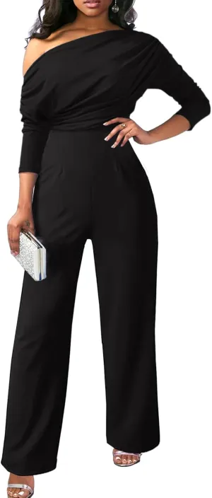 ZonJie Casual jumpsuits for women dressy Elegant Sexy Deep V Neck Long Sleeve Off Shoulder Club Party Wide Leg Long Pants