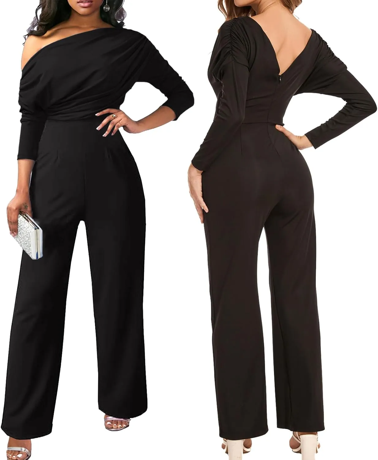 ZonJie Casual jumpsuits for women dressy Elegant Sexy Deep V Neck Long Sleeve Off Shoulder Club Party Wide Leg Long Pants